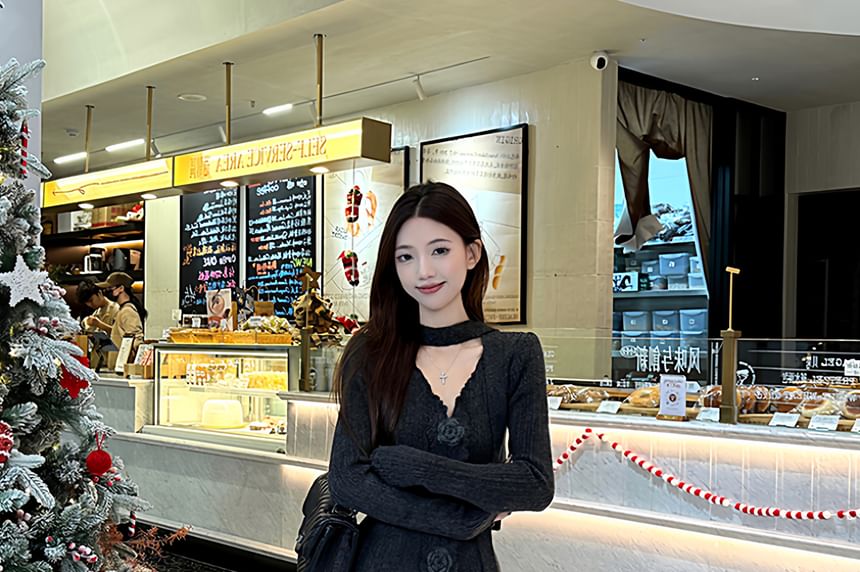 Set: Long Sleeve V-Neck Plain Floral Detail Knit Top + High Waist Maxi A-Line Skirt