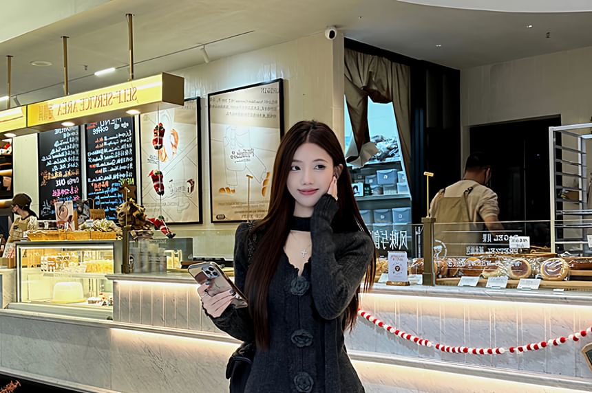 Set: Long Sleeve V-Neck Plain Floral Detail Knit Top + High Waist Maxi A-Line Skirt