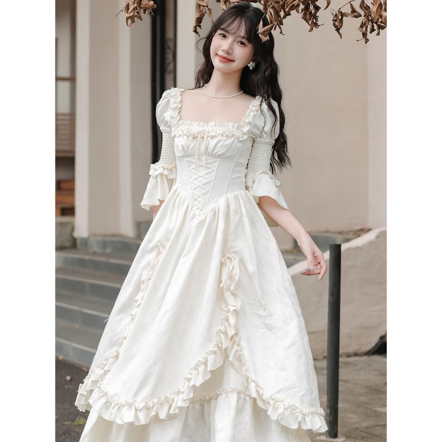 Bell Sleeve Square Neck Plain Bow Ruffle Panel Maxi A-Line Dress / Angel Print Underbust Corset / Set