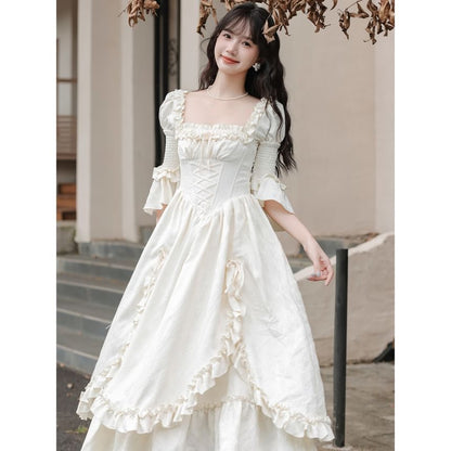 Bell Sleeve Square Neck Plain Bow Ruffle Panel Maxi A-Line Dress / Angel Print Underbust Corset / Set