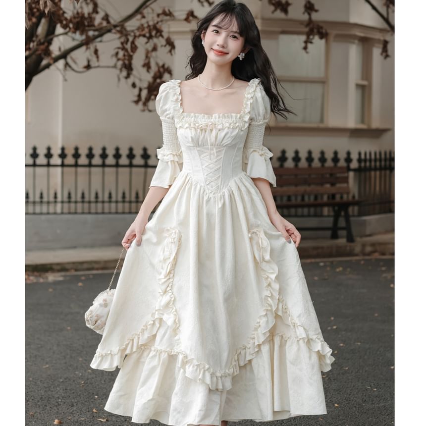 Bell Sleeve Square Neck Plain Bow Ruffle Panel Maxi A-Line Dress / Angel Print Underbust Corset / Set