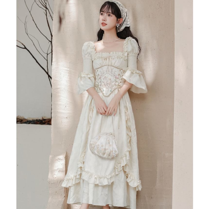 Bell Sleeve Square Neck Plain Bow Ruffle Panel Maxi A-Line Dress / Angel Print Underbust Corset / Set