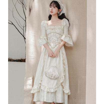 Bell Sleeve Square Neck Plain Bow Ruffle Panel Maxi A-Line Dress / Angel Print Underbust Corset / Set