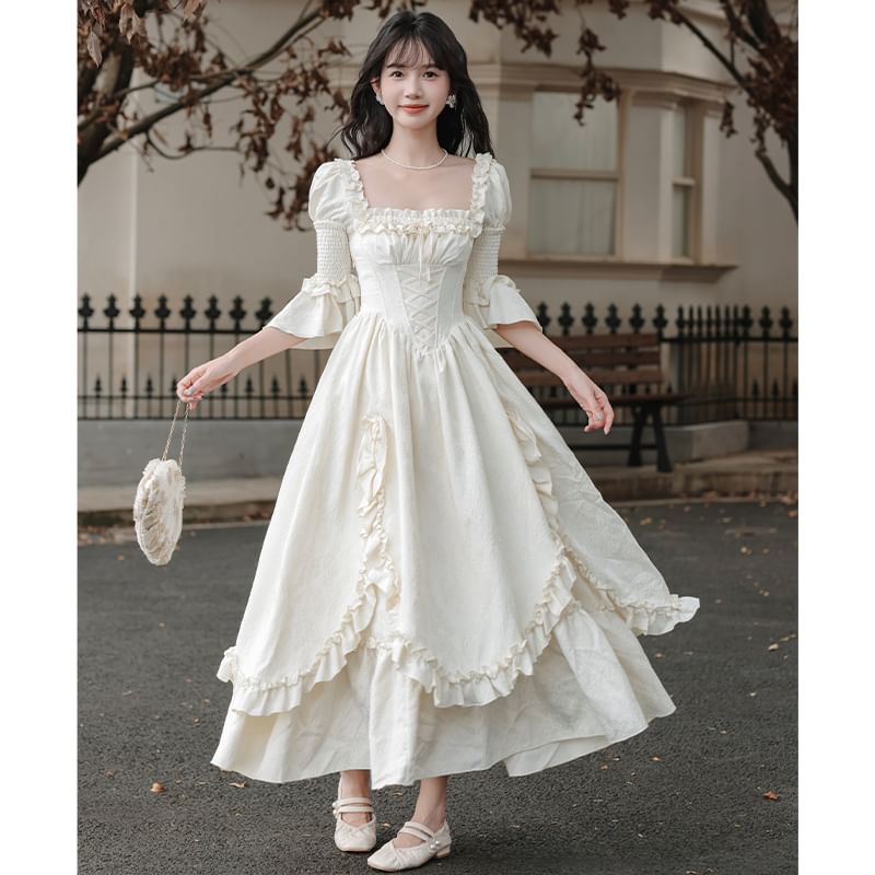 Bell Sleeve Square Neck Plain Bow Ruffle Panel Maxi A-Line Dress / Angel Print Underbust Corset / Set