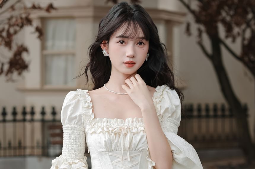 Bell Sleeve Square Neck Plain Bow Ruffle Panel Maxi A-Line Dress / Angel Print Underbust Corset / Set