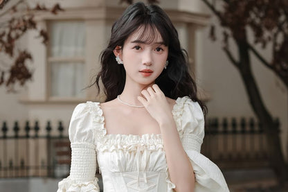 Bell Sleeve Square Neck Plain Bow Ruffle Panel Maxi A-Line Dress / Angel Print Underbust Corset / Set