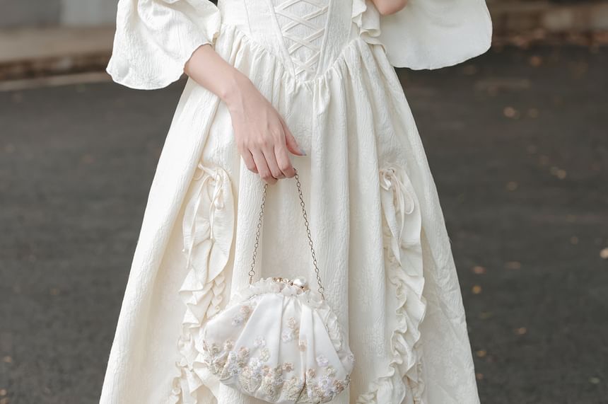 Bell Sleeve Square Neck Plain Bow Ruffle Panel Maxi A-Line Dress / Angel Print Underbust Corset / Set