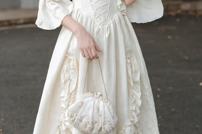 Bell Sleeve Square Neck Plain Bow Ruffle Panel Maxi A-Line Dress / Angel Print Underbust Corset / Set