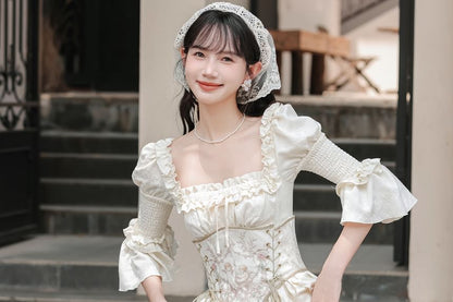 Bell Sleeve Square Neck Plain Bow Ruffle Panel Maxi A-Line Dress / Angel Print Underbust Corset / Set