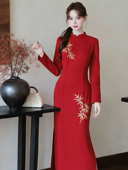 Long-Sleeve Leaf Print Maxi Sheath Dress / Shawl / Set