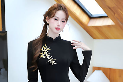 Long-Sleeve Leaf Print Maxi Sheath Dress / Shawl / Set