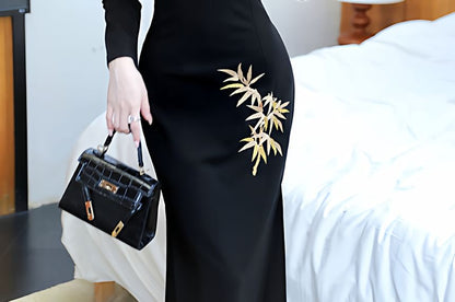 Long-Sleeve Leaf Print Maxi Sheath Dress / Shawl / Set