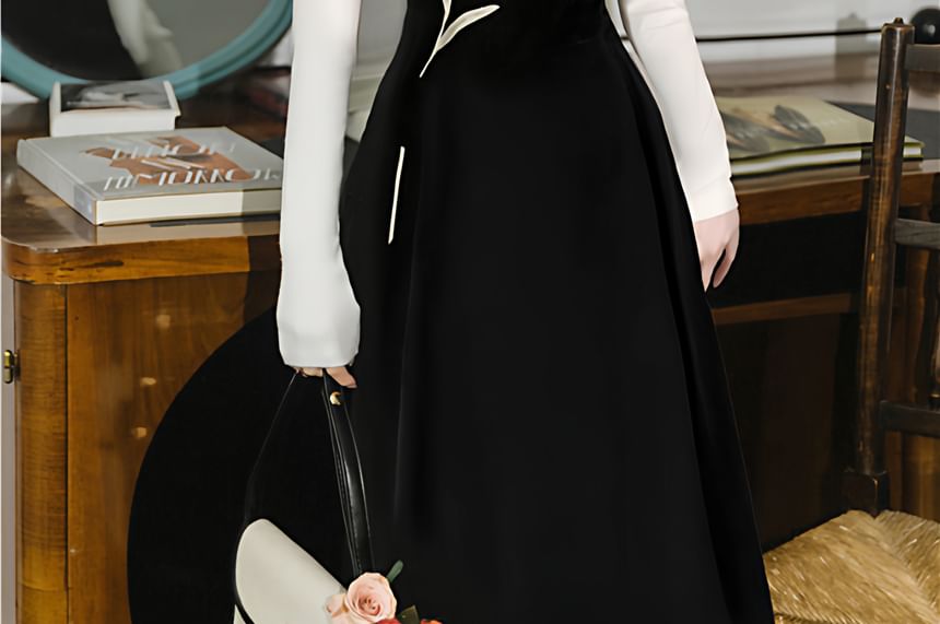 Set: Long-Sleeve Mock Neck Top + Spaghetti Strap Maxi A-Line Dress