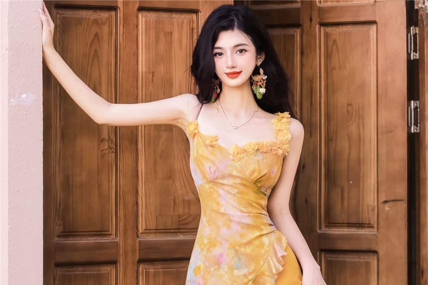 Sleeveless Floral Print Asymmetrical Dress / Shawl / Set