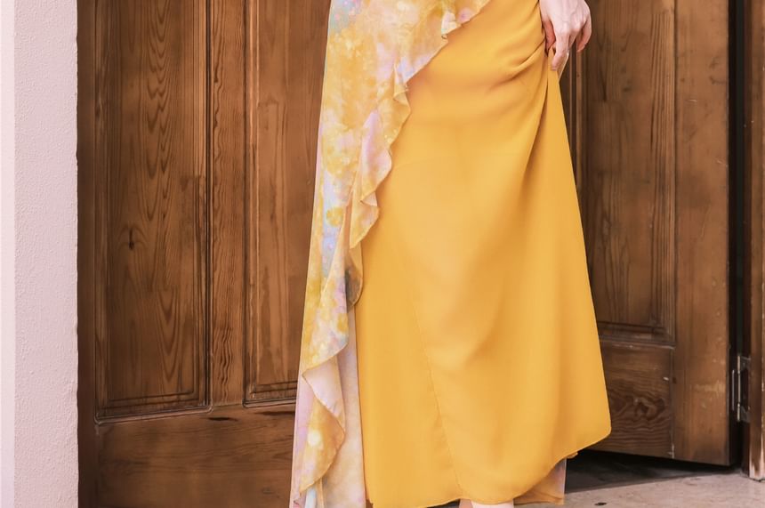 Sleeveless Floral Print Asymmetrical Dress / Shawl / Set