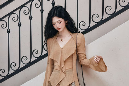 Long-Sleeve V-Neck Ruffle Plain Top / High Waist Plaid Maxi A-Line Skirt / Set