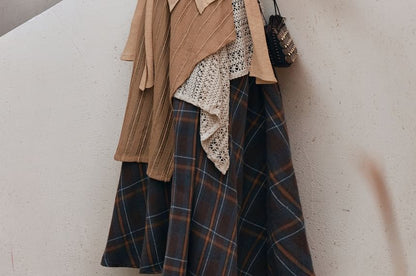 Long-Sleeve V-Neck Ruffle Plain Top / High Waist Plaid Maxi A-Line Skirt / Set