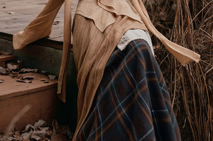 Long-Sleeve V-Neck Ruffle Plain Top / High Waist Plaid Maxi A-Line Skirt / Set