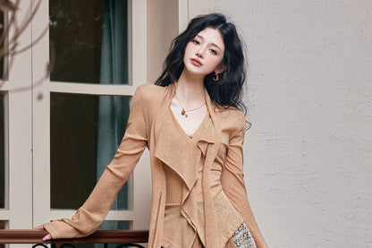 Long-Sleeve V-Neck Ruffle Plain Top / High Waist Plaid Maxi A-Line Skirt / Set