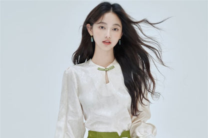 Long-Sleeve Frog Buttoned Top / High Rise Maxi Skirt / Set