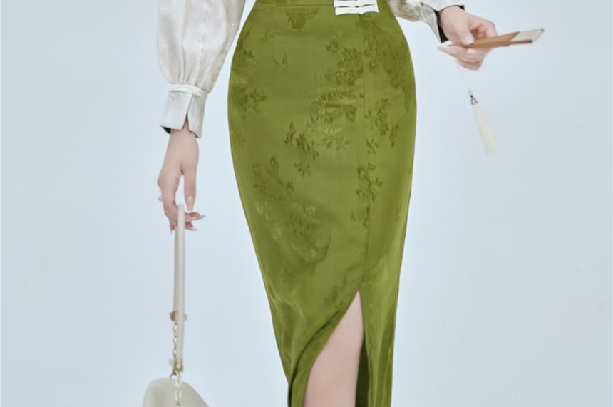 Long-Sleeve Frog Buttoned Top / High Rise Maxi Skirt / Set