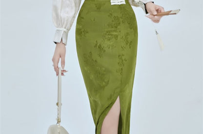 Long-Sleeve Frog Buttoned Top / High Rise Maxi Skirt / Set