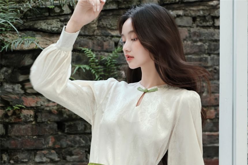 Long-Sleeve Frog Buttoned Top / High Rise Maxi Skirt / Set