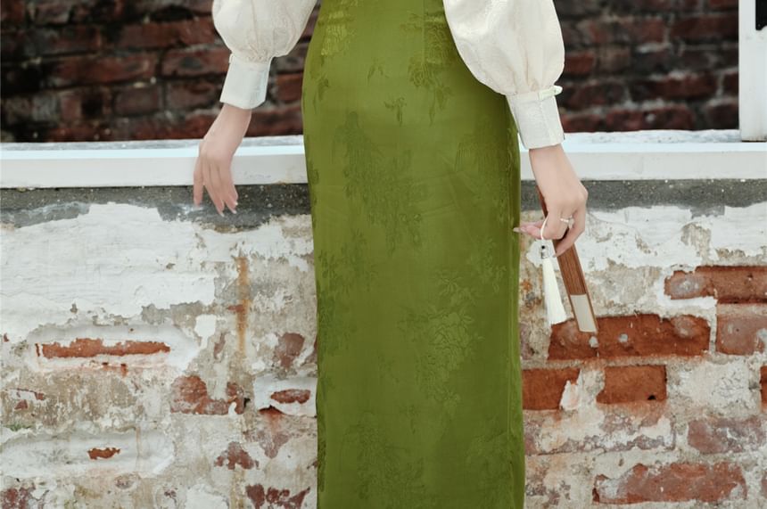 Long-Sleeve Frog Buttoned Top / High Rise Maxi Skirt / Set