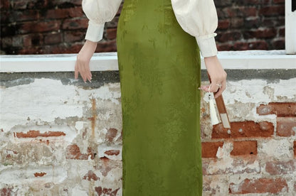 Long-Sleeve Frog Buttoned Top / High Rise Maxi Skirt / Set