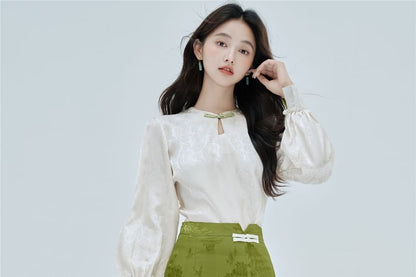 Long-Sleeve Frog Buttoned Top / High Rise Maxi Skirt / Set