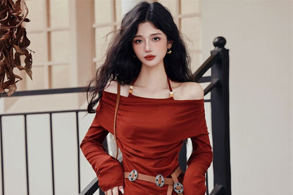 Long-Sleeve Halter Neck Plain Top / Belt / High Waist Plaid Maxi A-Line Skirt / Set