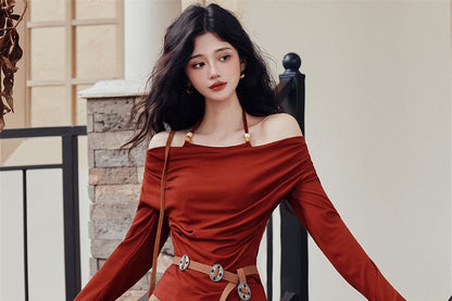 Long-Sleeve Halter Neck Plain Top / Belt / High Waist Plaid Maxi A-Line Skirt / Set