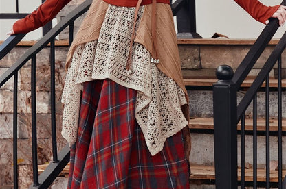 Long-Sleeve Halter Neck Plain Top / Belt / High Waist Plaid Maxi A-Line Skirt / Set