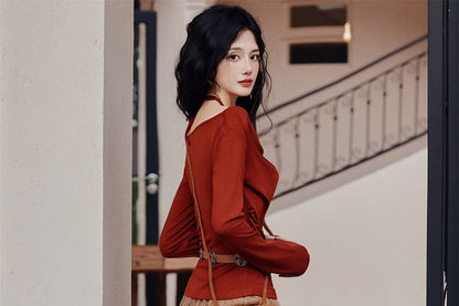 Long-Sleeve Halter Neck Plain Top / Belt / High Waist Plaid Maxi A-Line Skirt / Set