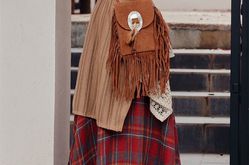 Long-Sleeve Halter Neck Plain Top / Belt / High Waist Plaid Maxi A-Line Skirt / Set