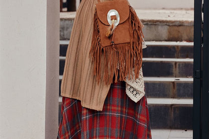 Long-Sleeve Halter Neck Plain Top / Belt / High Waist Plaid Maxi A-Line Skirt / Set