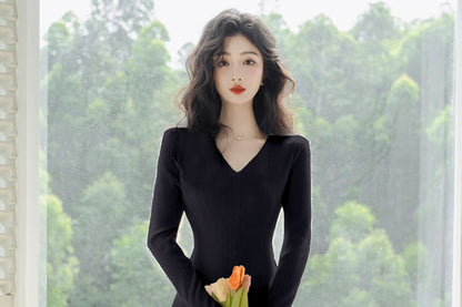 Long-Sleeve V-Neck Plain Midi A-Line Dress