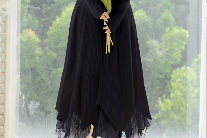 Long-Sleeve V-Neck Plain Midi A-Line Dress