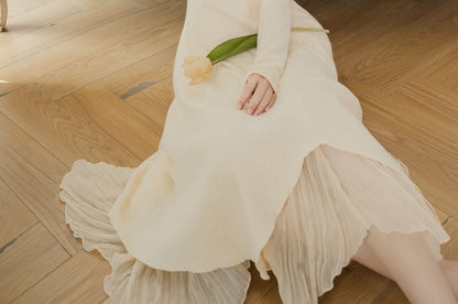 Long-Sleeve V-Neck Plain Midi A-Line Dress