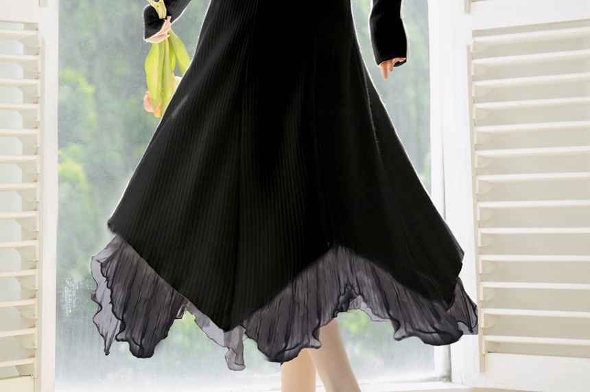 Long-Sleeve V-Neck Plain Midi A-Line Dress