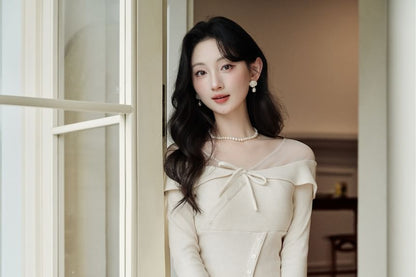 Long-Sleeve Plain Knit Top / High Rise Maxi A-Line Skirt / Set