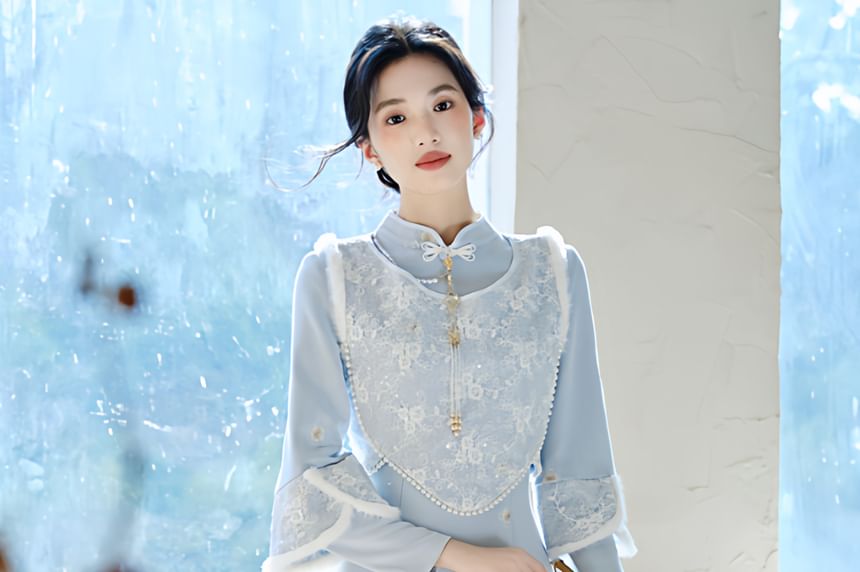 Long-Sleeve Stand Collar Plain Maxi Sheath Dress / Accessory / Sleeveless Top / Set