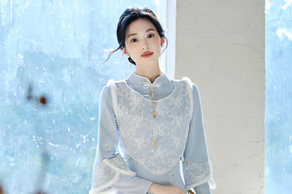 Long-Sleeve Stand Collar Plain Maxi Sheath Dress / Accessory / Sleeveless Top / Set