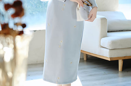 Long-Sleeve Stand Collar Plain Maxi Sheath Dress / Accessory / Sleeveless Top / Set