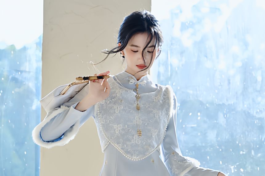 Long-Sleeve Stand Collar Plain Maxi Sheath Dress / Accessory / Sleeveless Top / Set