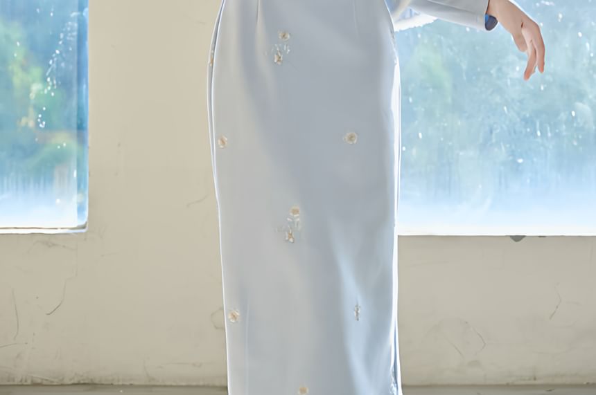 Long-Sleeve Stand Collar Plain Maxi Sheath Dress / Accessory / Sleeveless Top / Set