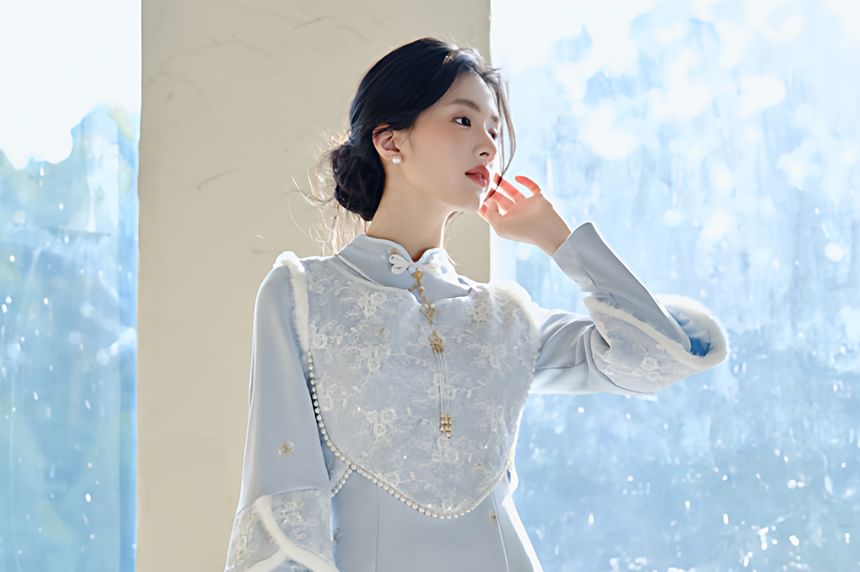 Long-Sleeve Stand Collar Plain Maxi Sheath Dress / Accessory / Sleeveless Top / Set