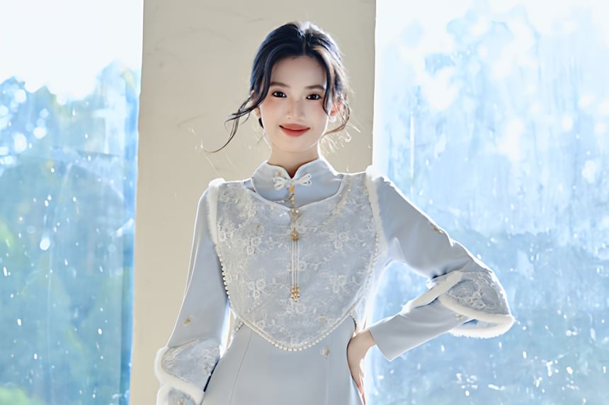 Long-Sleeve Stand Collar Plain Maxi Sheath Dress / Accessory / Sleeveless Top / Set