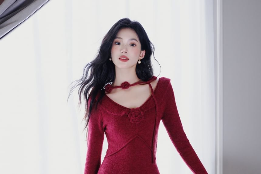 Long-Sleeve V-Neck Plain Knit Maxi A-Line Dress