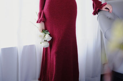 Long-Sleeve V-Neck Plain Knit Maxi A-Line Dress